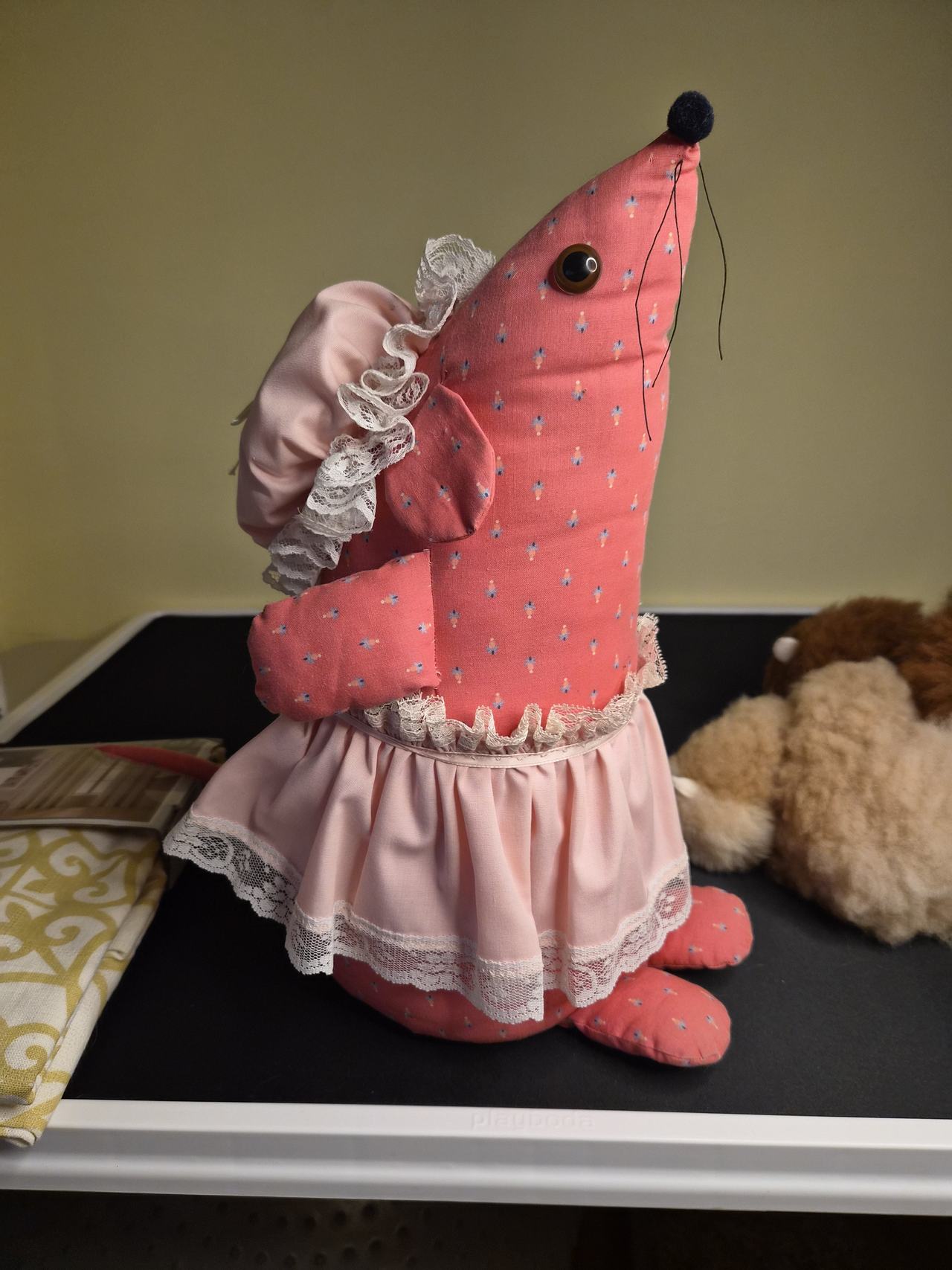 Vintage Handmade Fabric Mouse Doll with Bonnet and Lace Dress