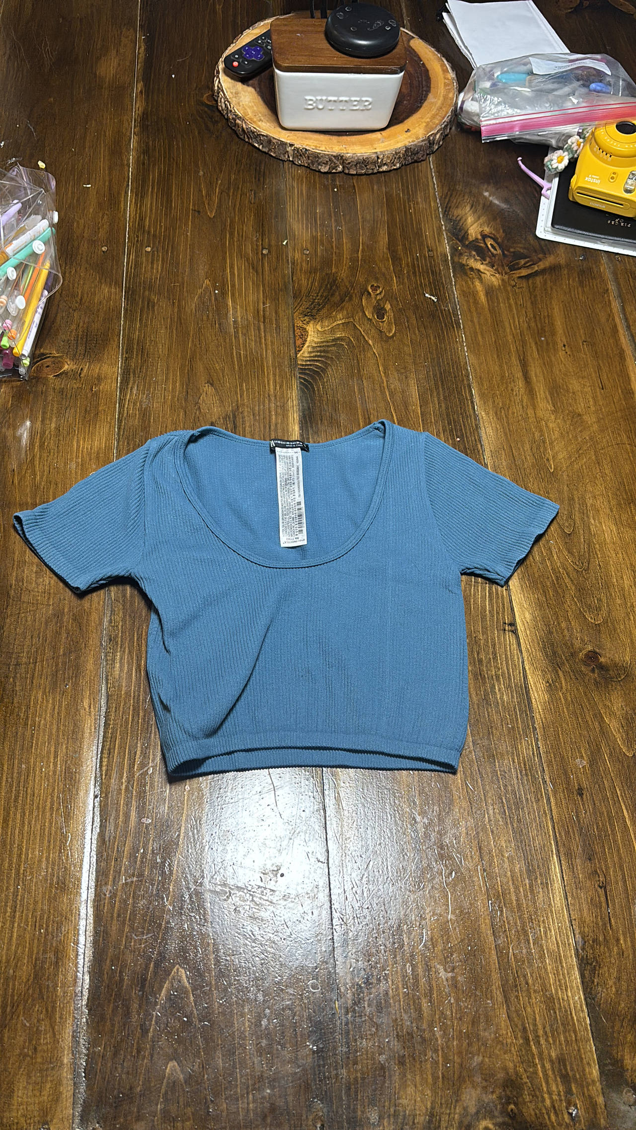Zara Blue Ribbed Scoop Neck Crop Top