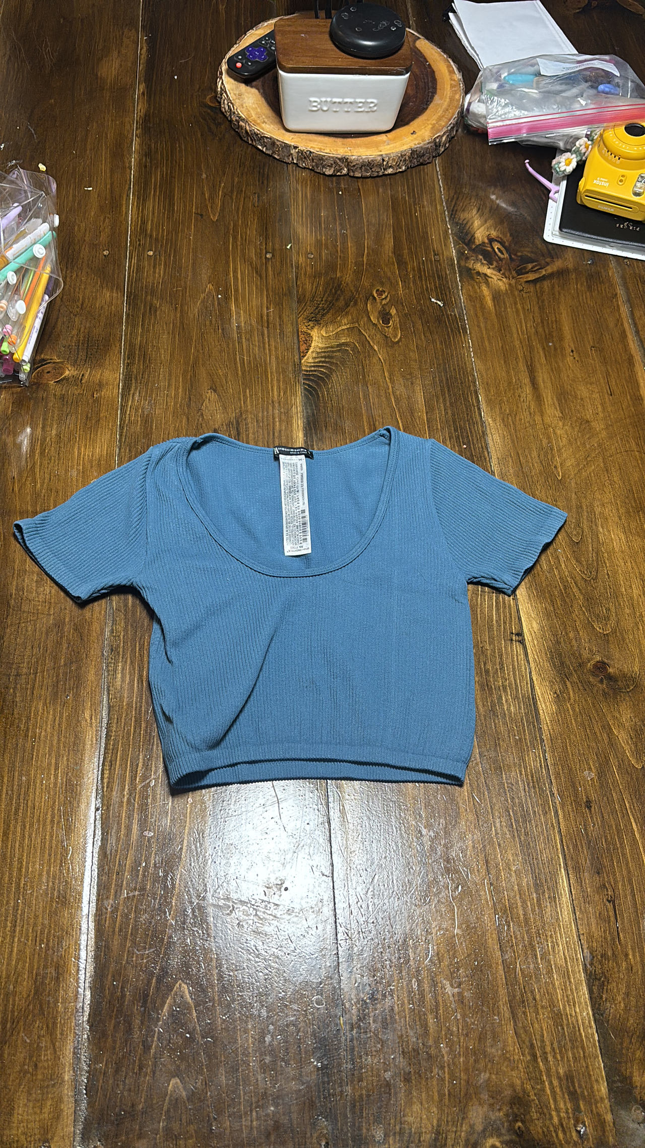 Zara Blue Ribbed Scoop Neck Crop Top