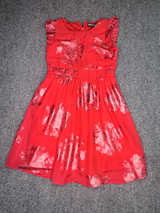 Three pink hearts  Girls Red Floral Ruffle Dress - Image 1