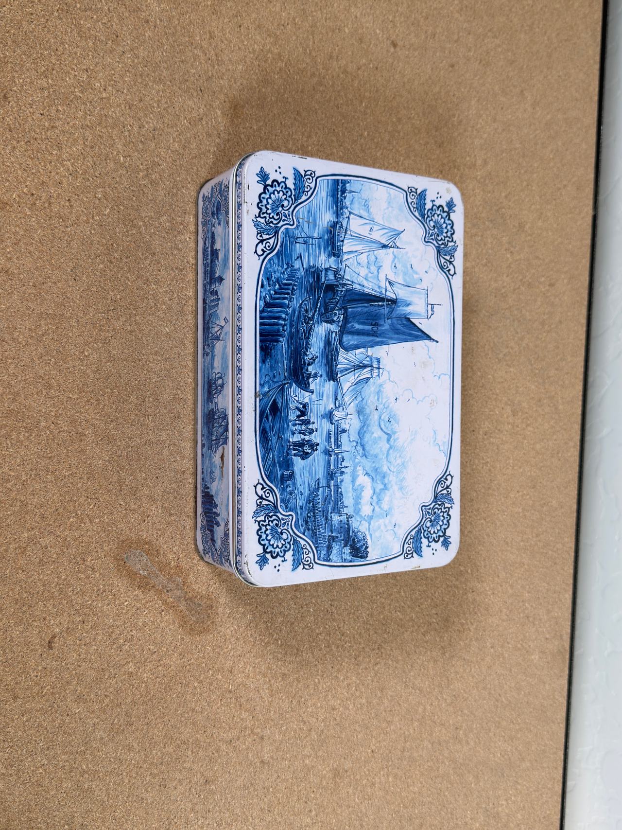 Vintage Blue and White Nautical Ship Metal Tin