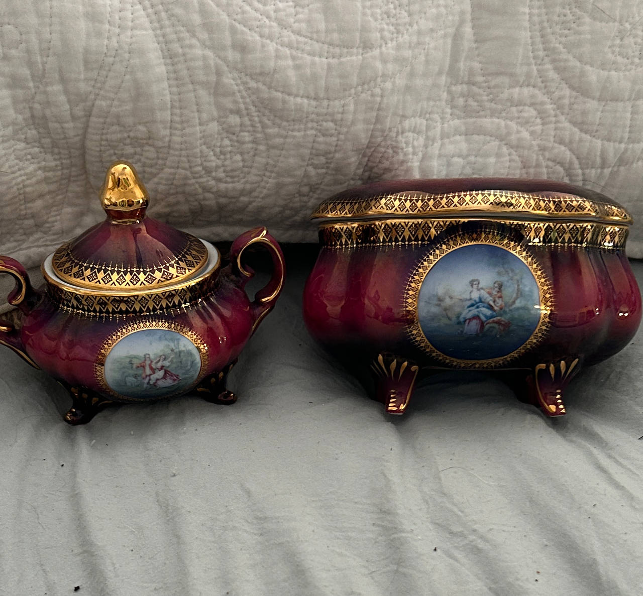 Vintage Burgundy and Gold Porcelain Sugar Bowl and Trinket Box Set