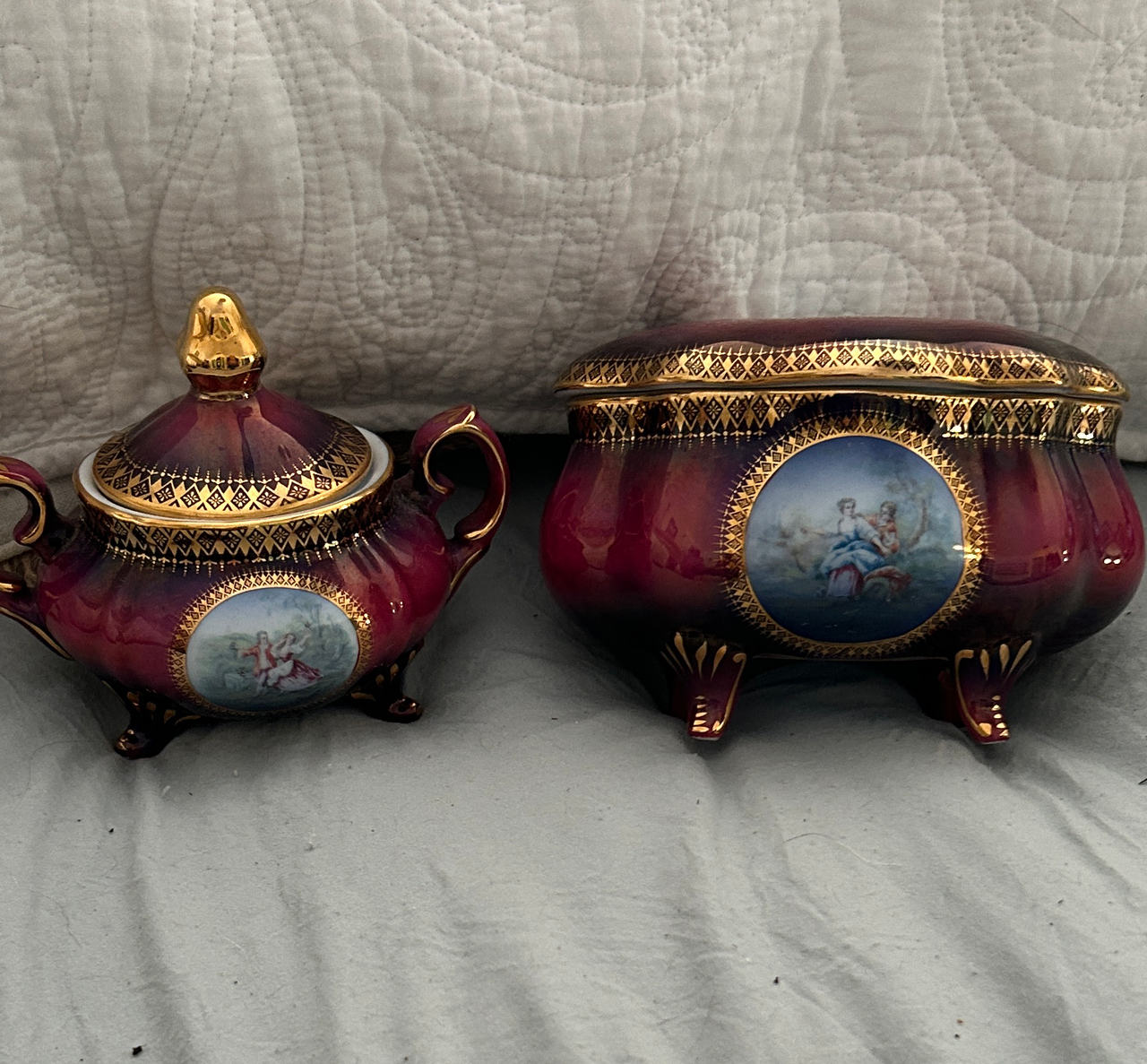 Vintage Burgundy and Gold Porcelain Sugar Bowl and Trinket Box Set