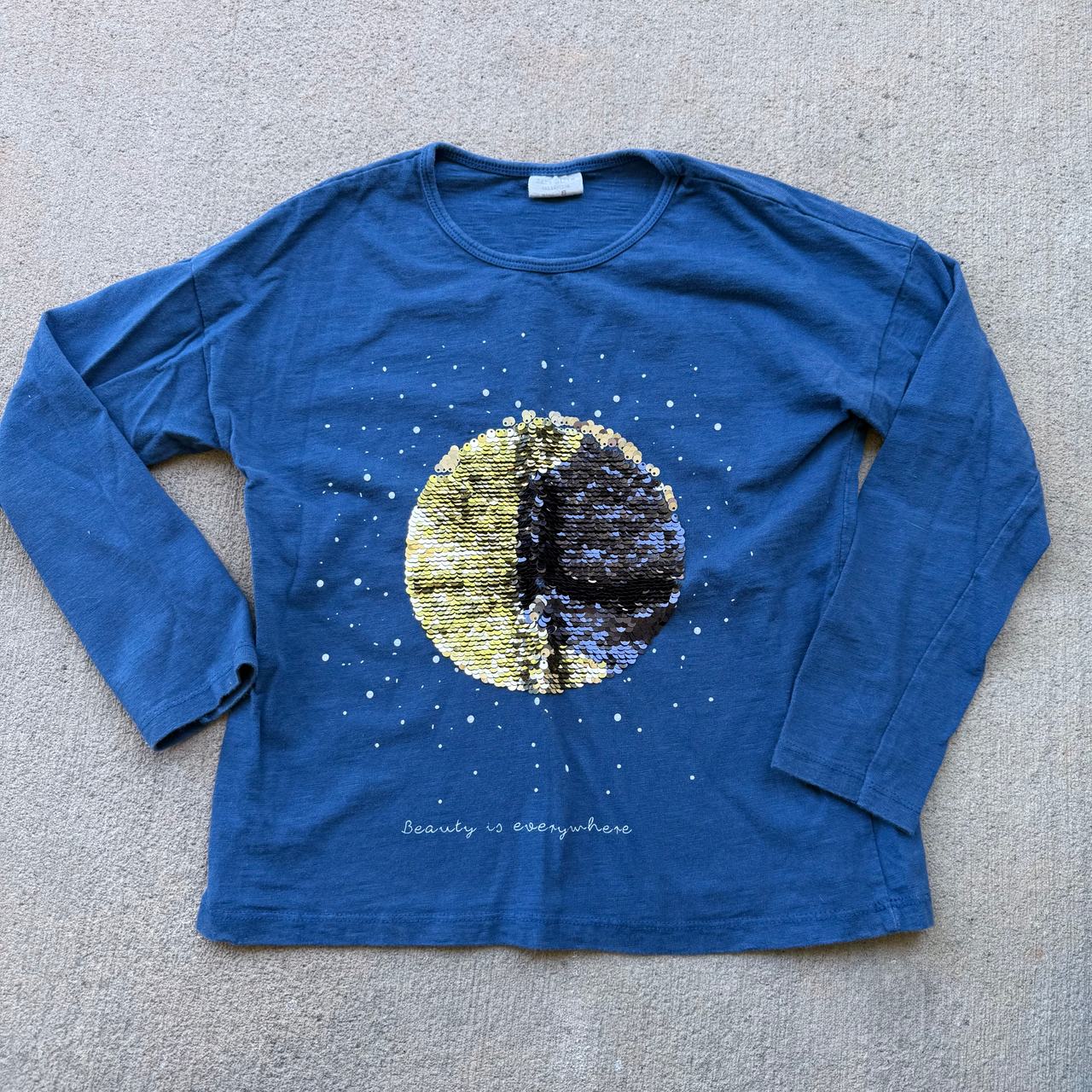 Zara Girls Shirt Size 8 Long Sleeve Sequin Tee Blue Gold Moon 