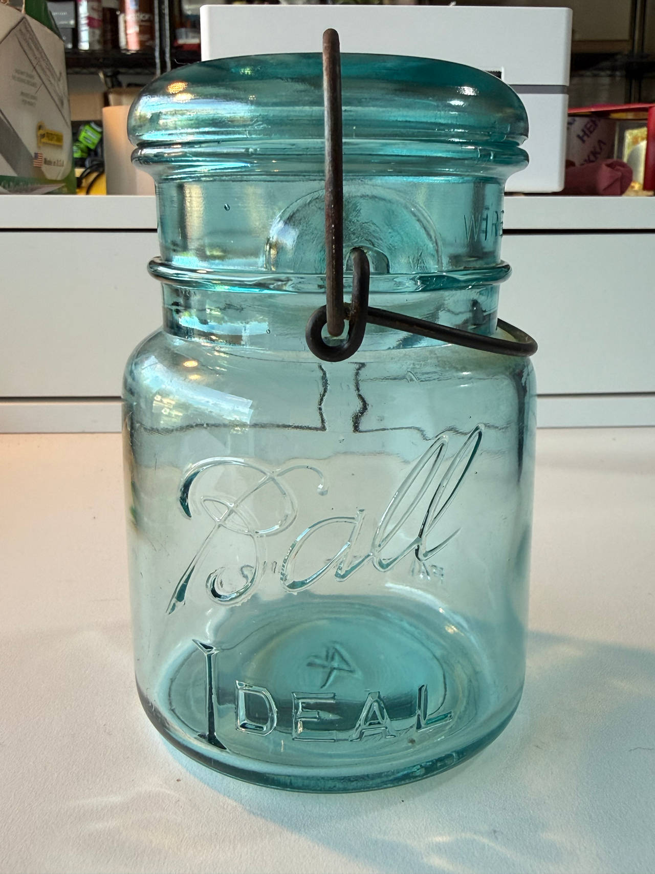 Ball Ideal Aqua Blue Mason Jar with Glass Lid and Wire Bail