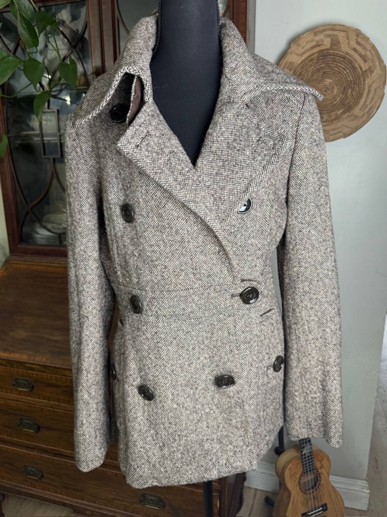 Esprit Brown Herringbone Tweed Double Breasted Peacoat