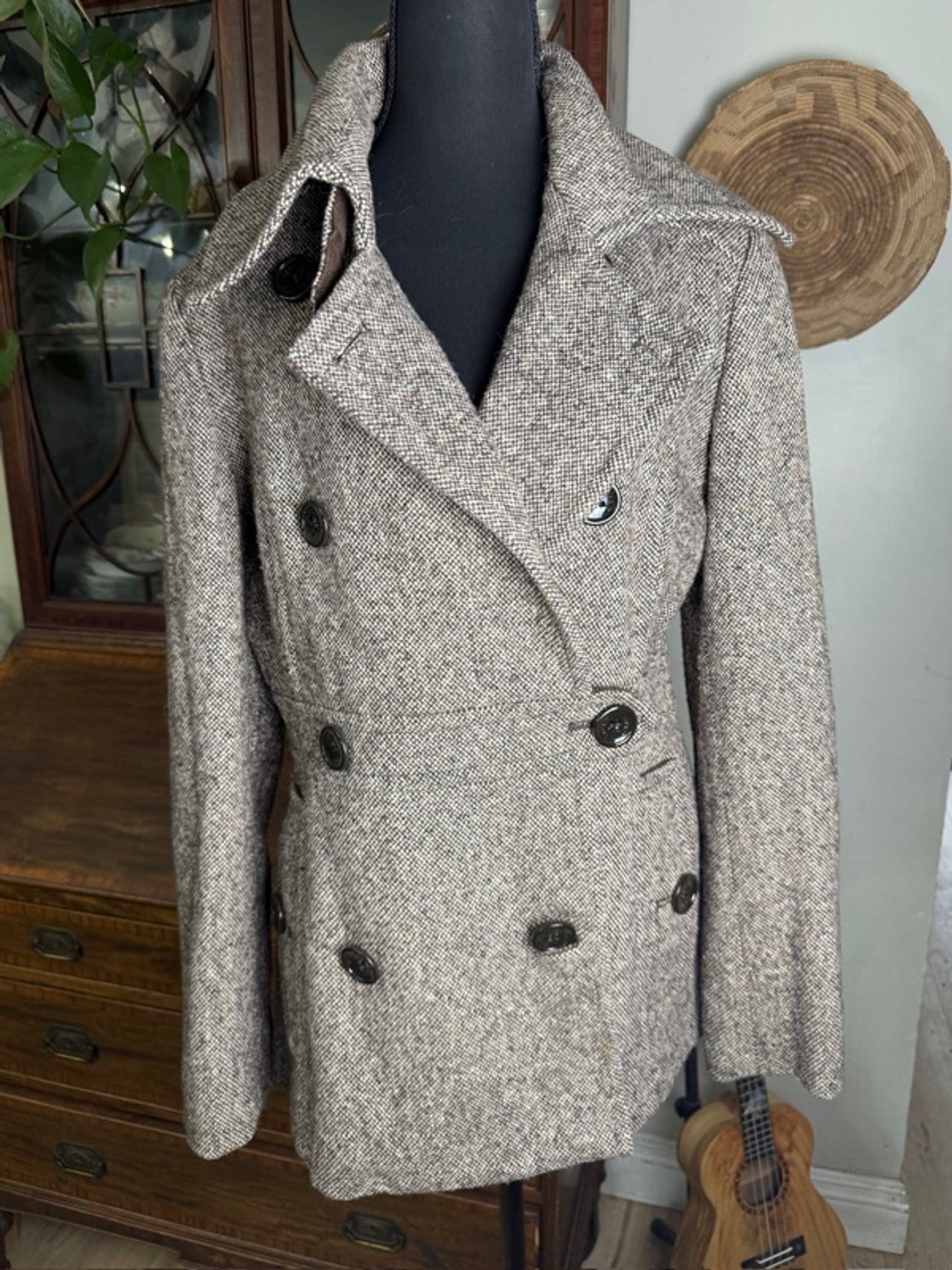 Esprit Brown Herringbone Tweed Double Breasted Peacoat