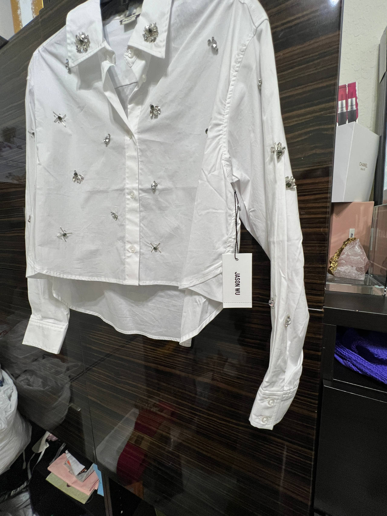 White Embellished Button-Up Shirt