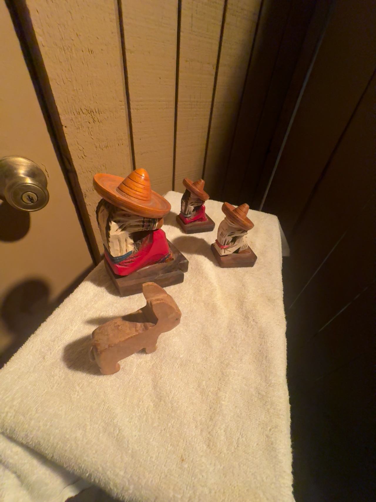 Mexican Hand Carved Wooden Siesta and Donkey Figurines Natural Wood