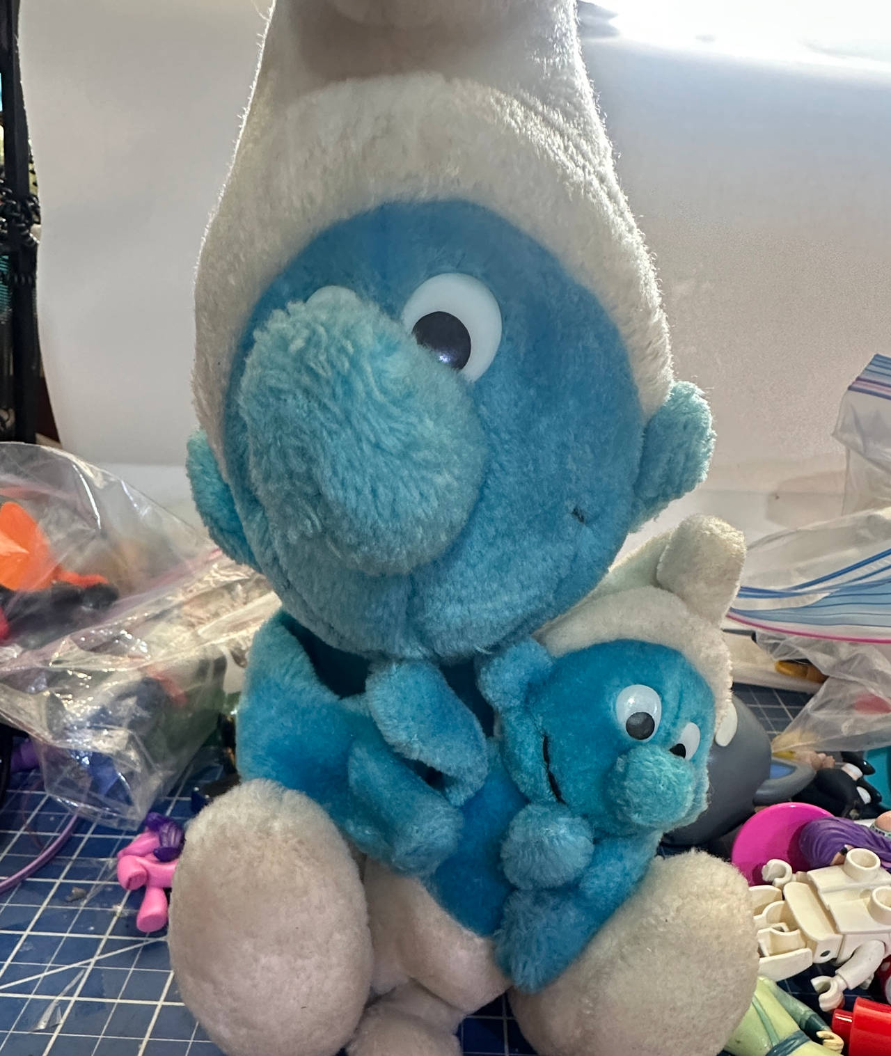 Vintage Smurf with Baby Smurf Plush Toy 1980s.