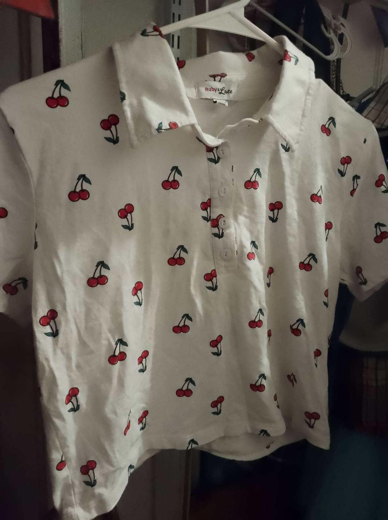 Ruby & Luce Cherry Print Cropped Polo Shirt