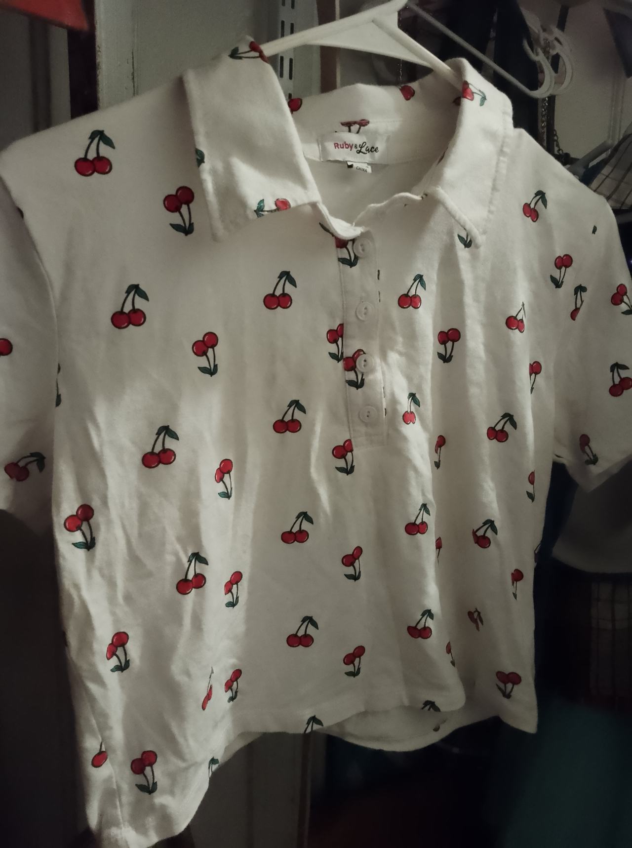 Ruby & Luce Cherry Print Cropped Polo Shirt