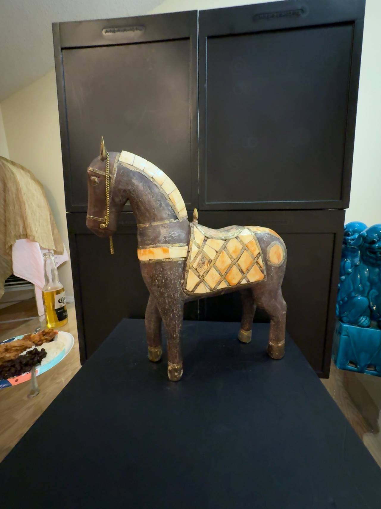 Vintage Hand-Carved Wooden Horse Sculpture with Brass & Copper Inlay