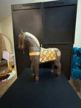 Vintage Hand-Carved Wooden Horse Sculpture with Brass & Copper Inlay - Image 1