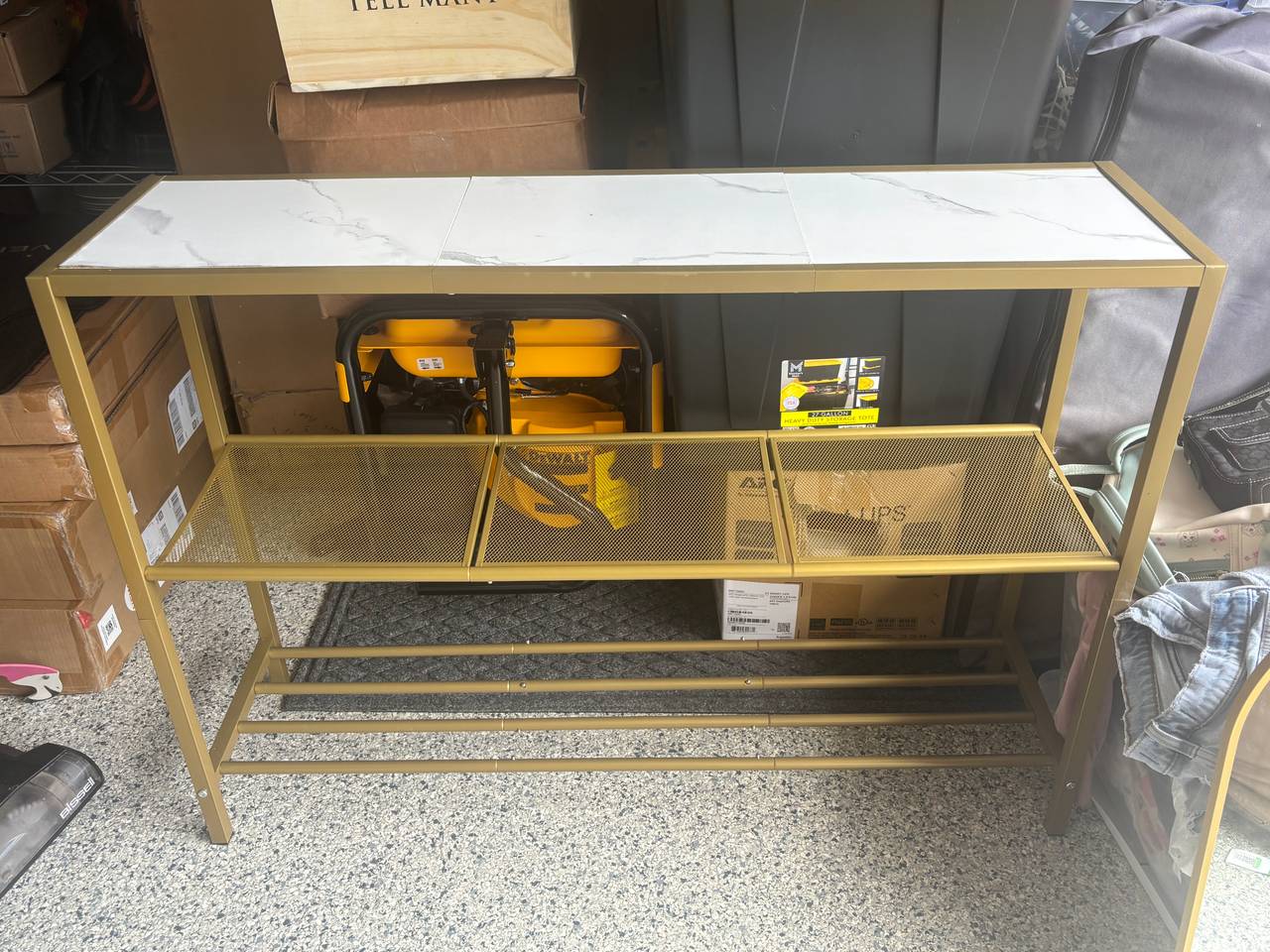 Gold Console Table with Faux Marble Top and Mesh Shelf