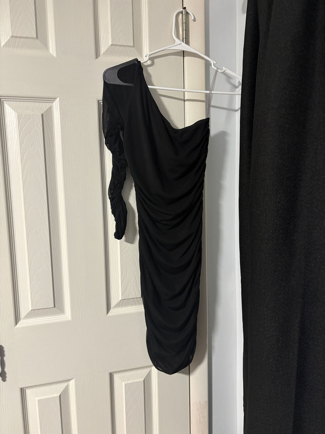 One Shoulder Ruched Mesh Mini Dress