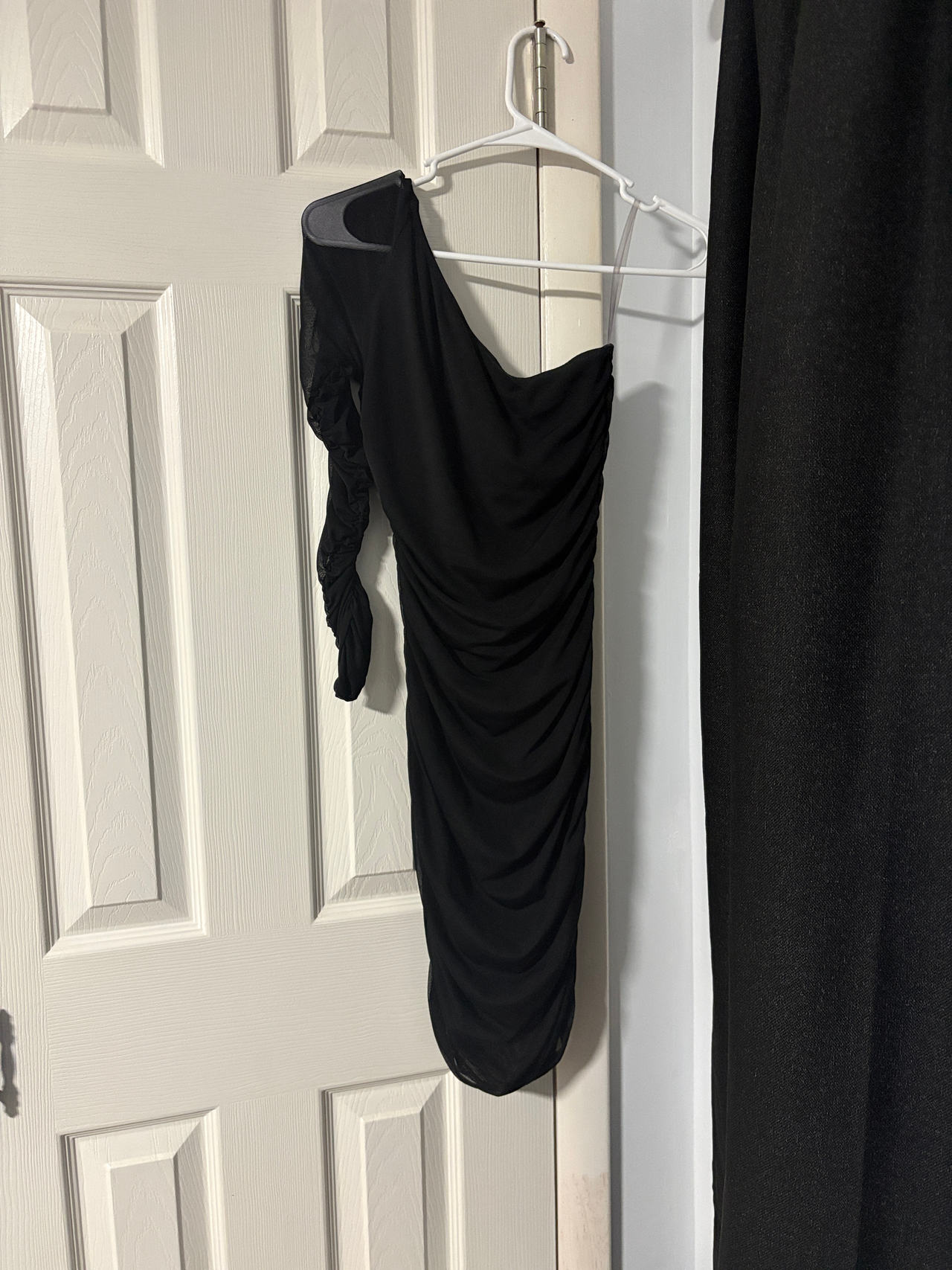 One Shoulder Ruched Mesh Mini Dress
