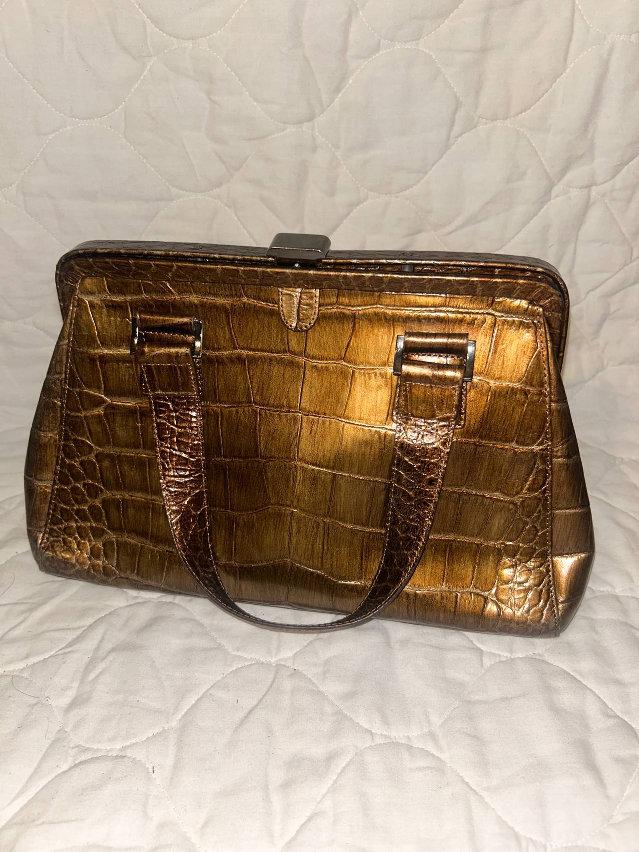 Metallic Bronze Faux Croc Frame Handbag