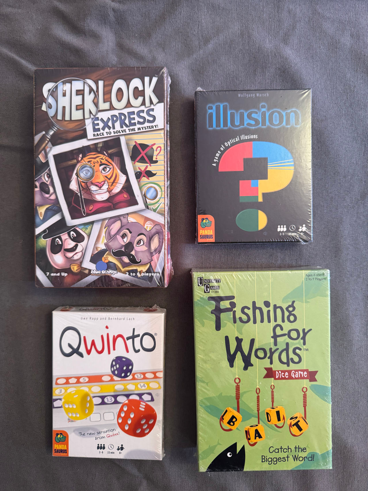 Family Board Game Lot- Sherlock Express, illusion, Quinton, Fishing for Words
