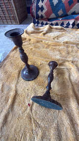 Pair of Antique Turned Wood and Brass Baluster Candlesticks - Image 2