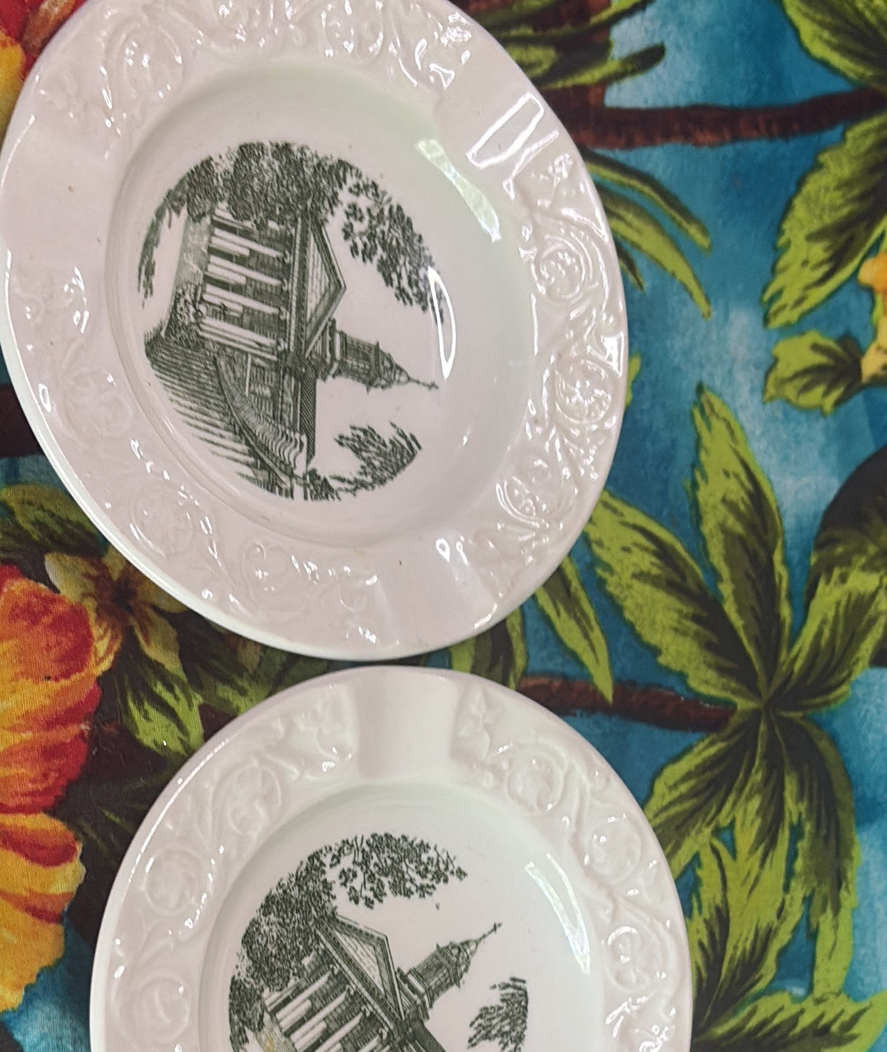 Vintage Green Transferware Ceramic Ashtrays
