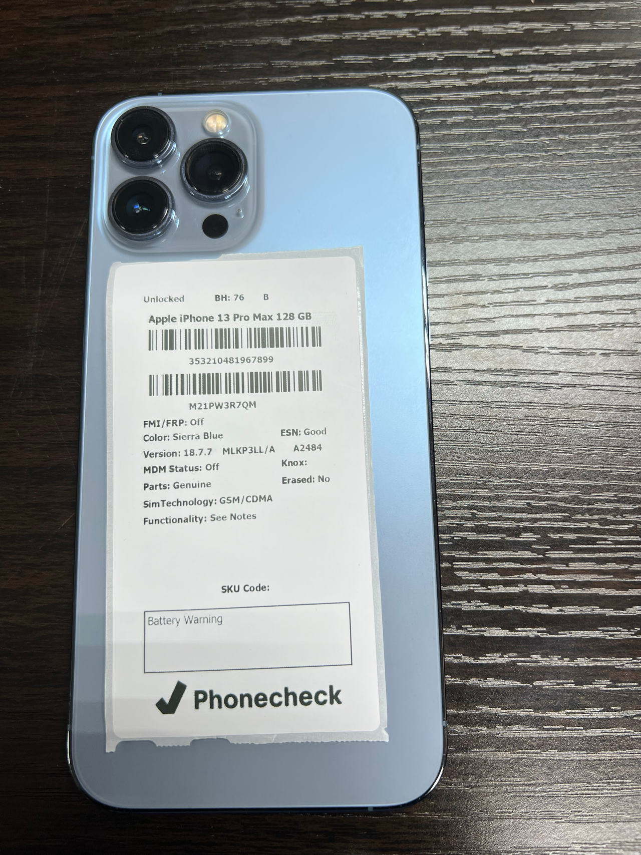 Apple iPhone 13 Pro Max 128GB Sierra Blue Unlocked BH 76% B