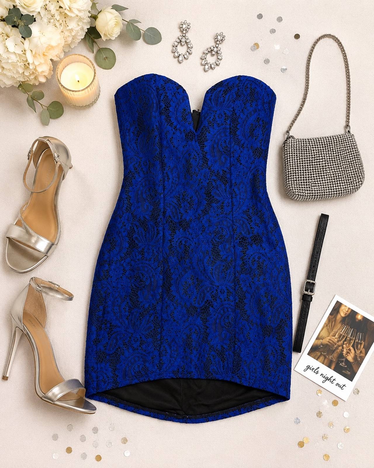 Windsor Royal Blue Lace Strapless High-Low Dress