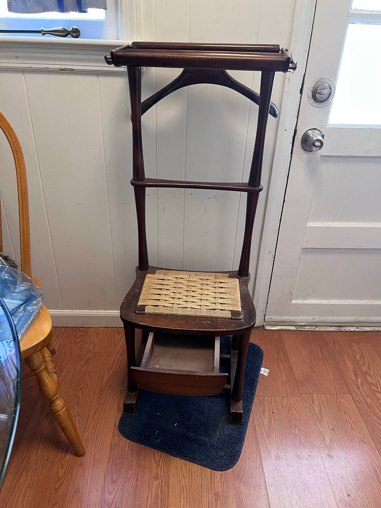 Vintage Wood Valet Chair with Woven Seat and Drawer