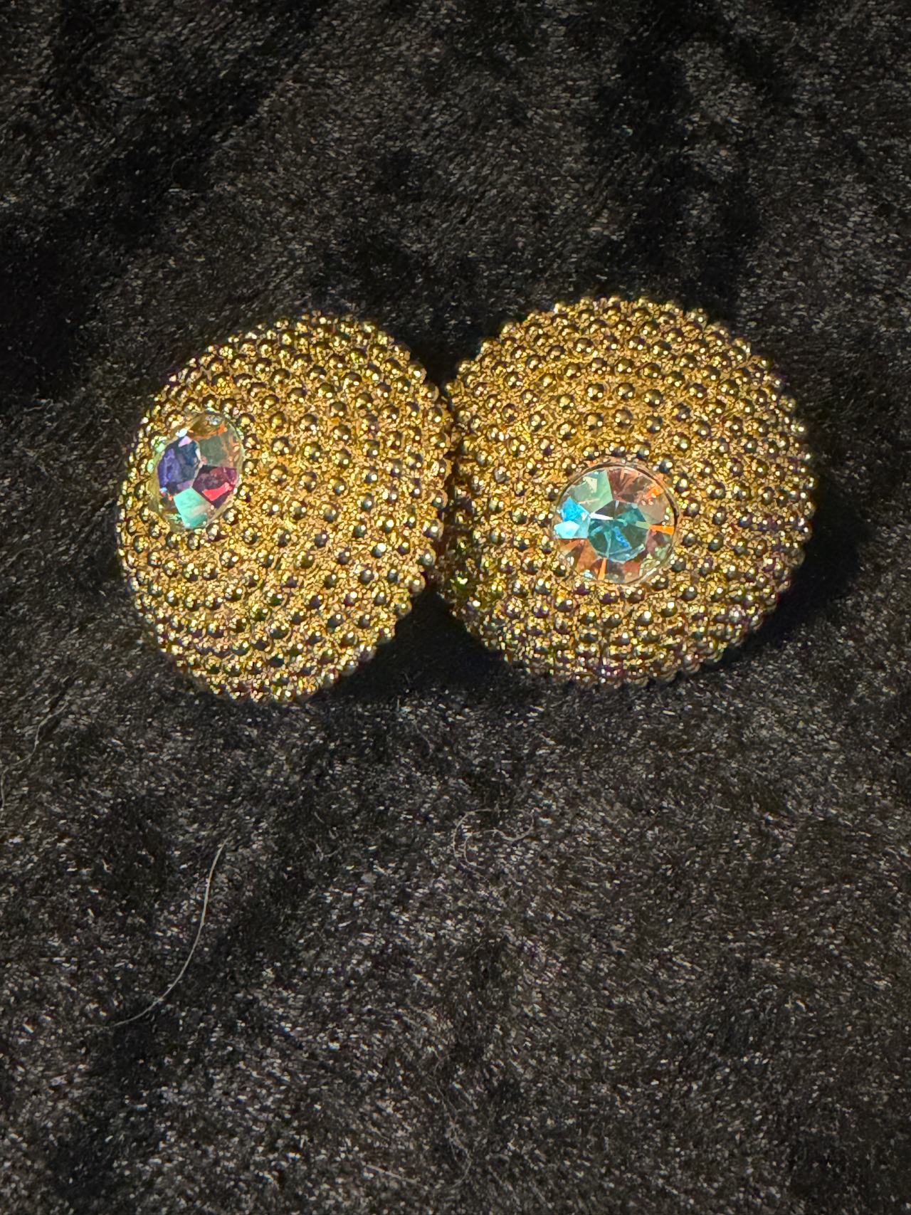 Vintage Avon gold-tone beaded dome clip-on earrings w/ AB rhinestones