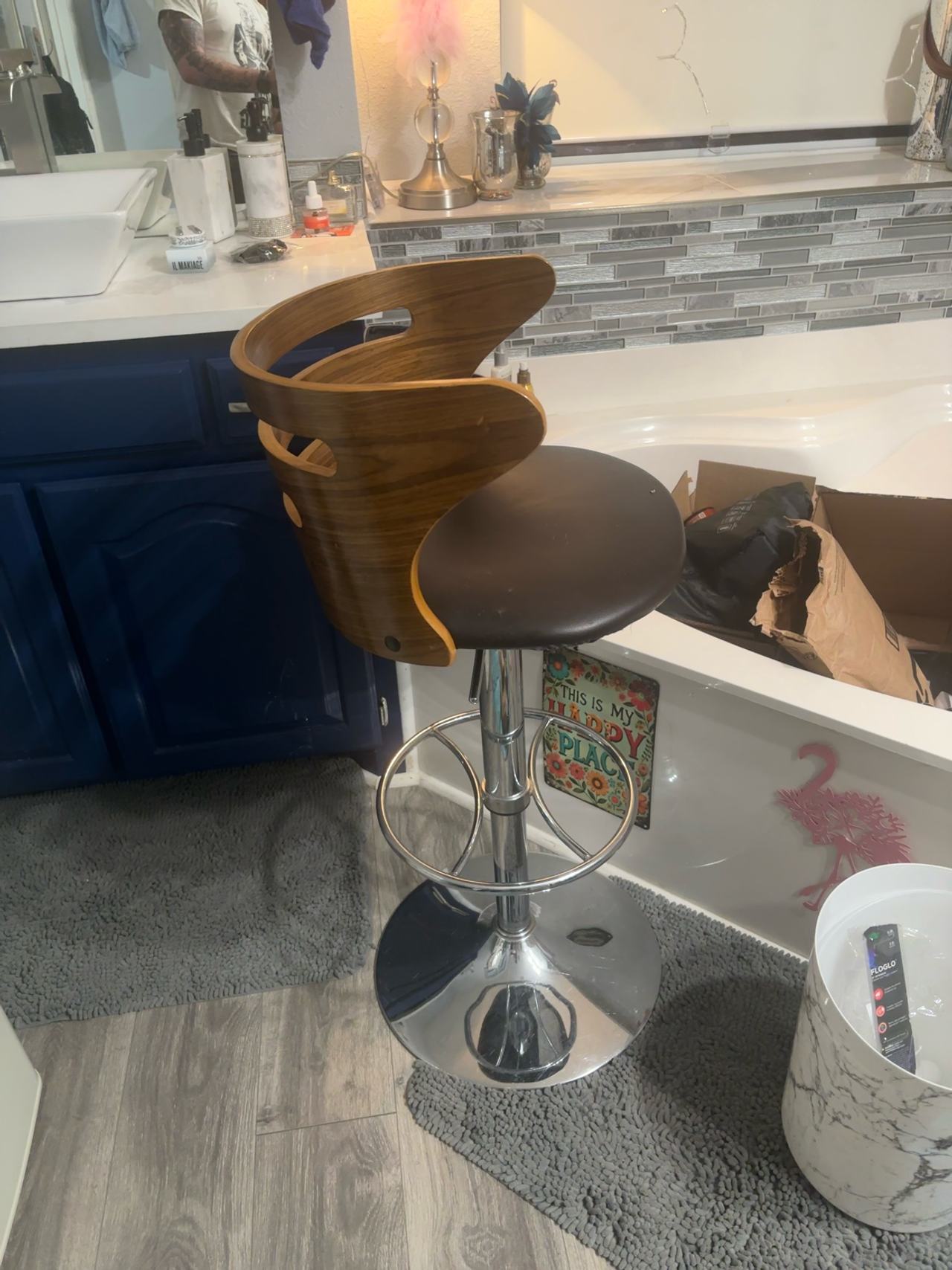 Cosi Mid-Century Modern Adjustable Barstool Walnut Faux Leather