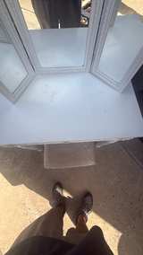 White Wooden Vanity Set with Tri-Fold Mirror and Stool - Image 2