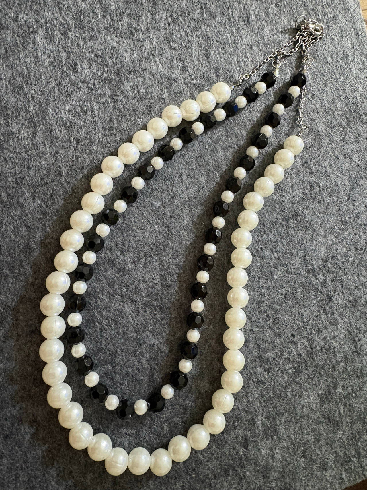Faux Pearl and Black Bead Double Strand Necklace