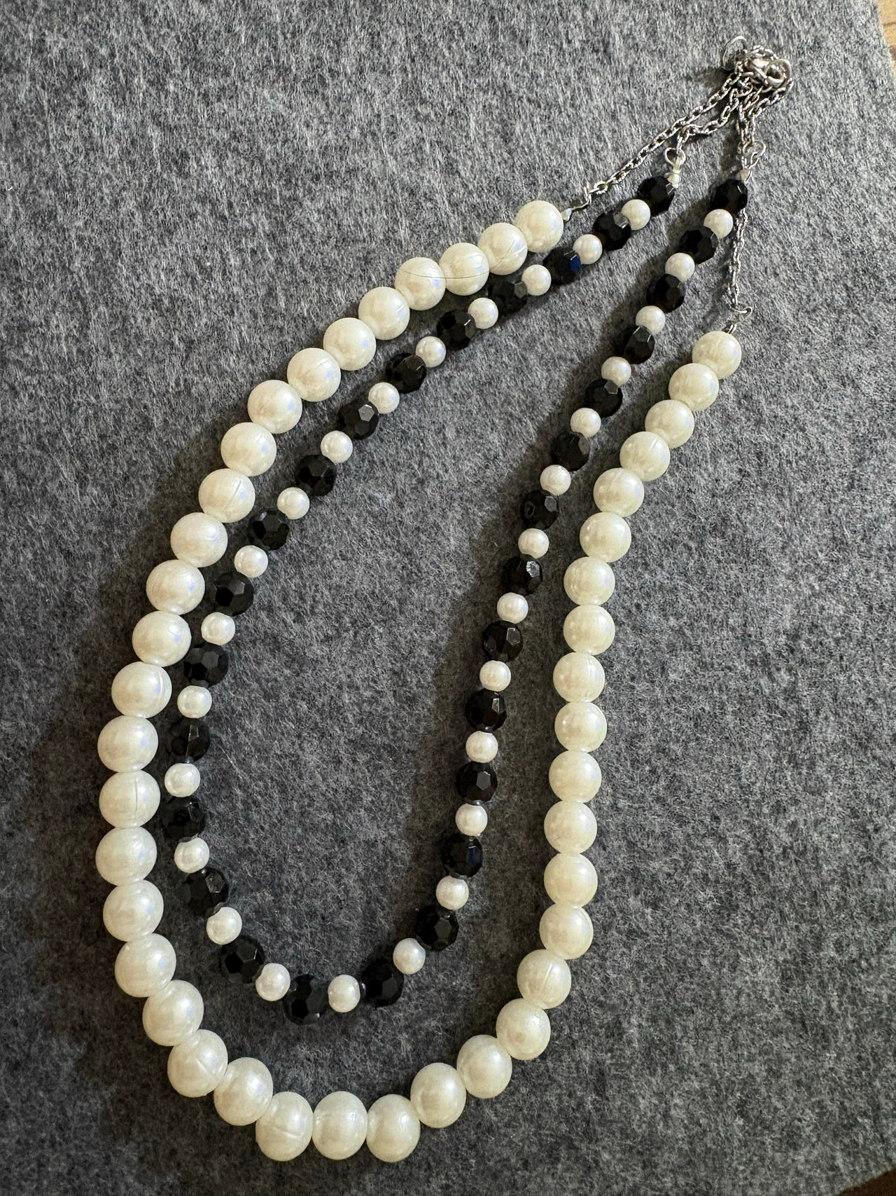 Faux Pearl and Black Bead Double Strand Necklace