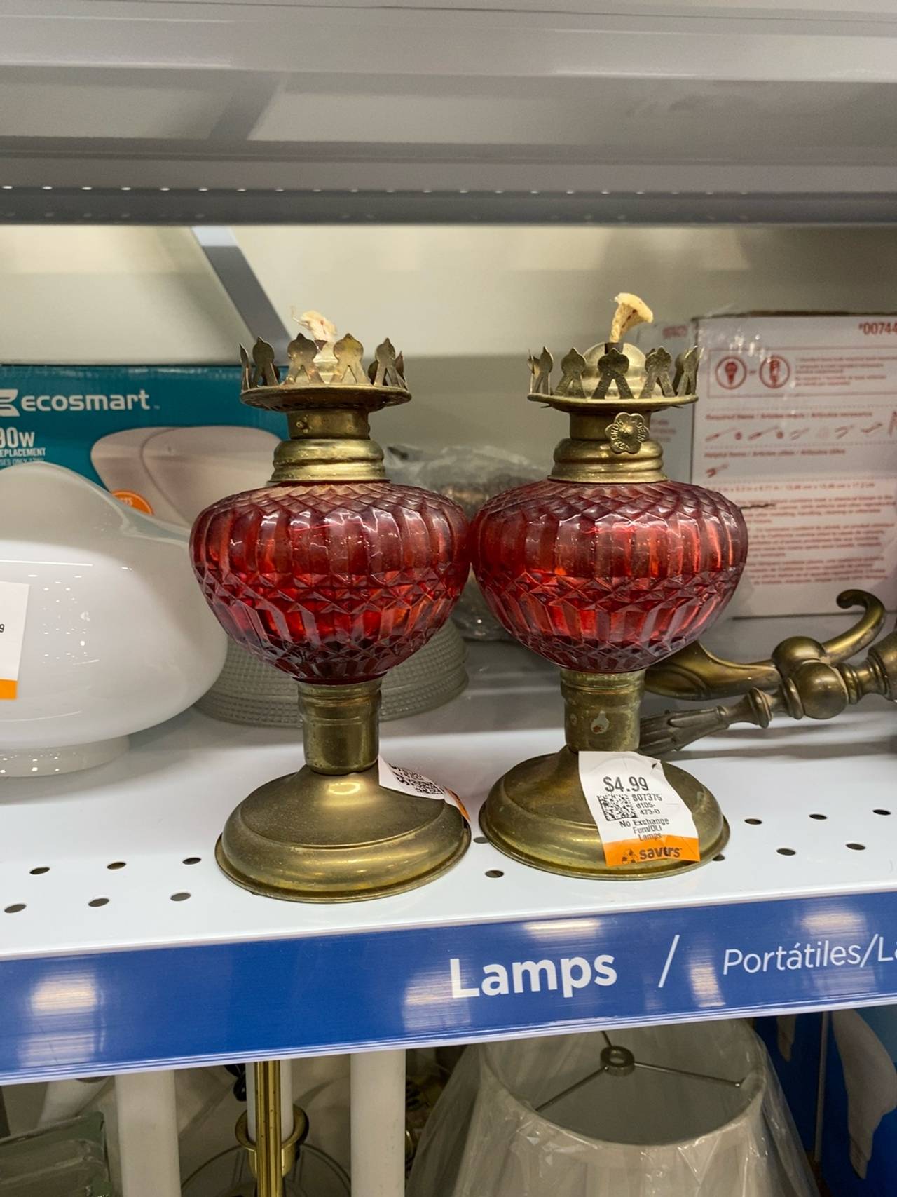 Vintage Brass Pedestal Oil Lamp Red Diamond Pattern 12"