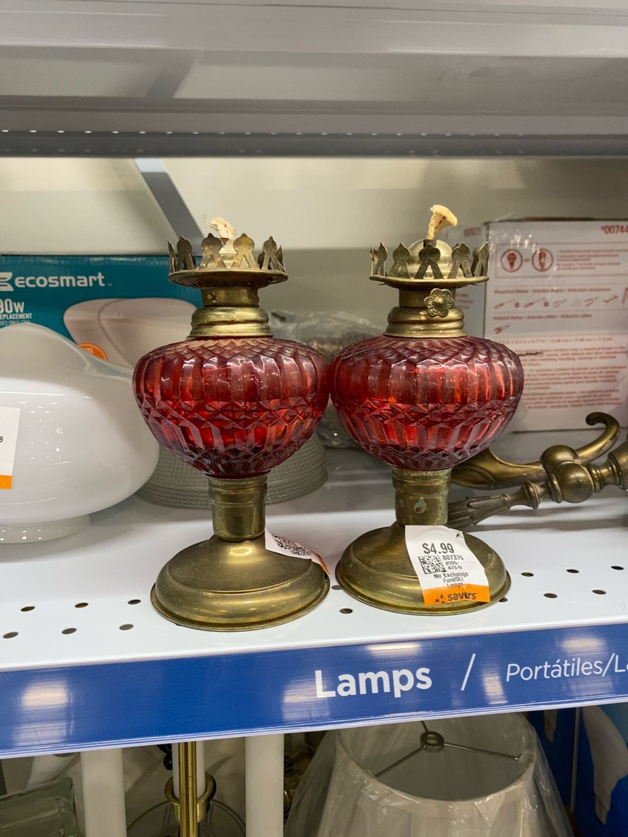 Vintage Brass Pedestal Oil Lamp Red Diamond Pattern 12"