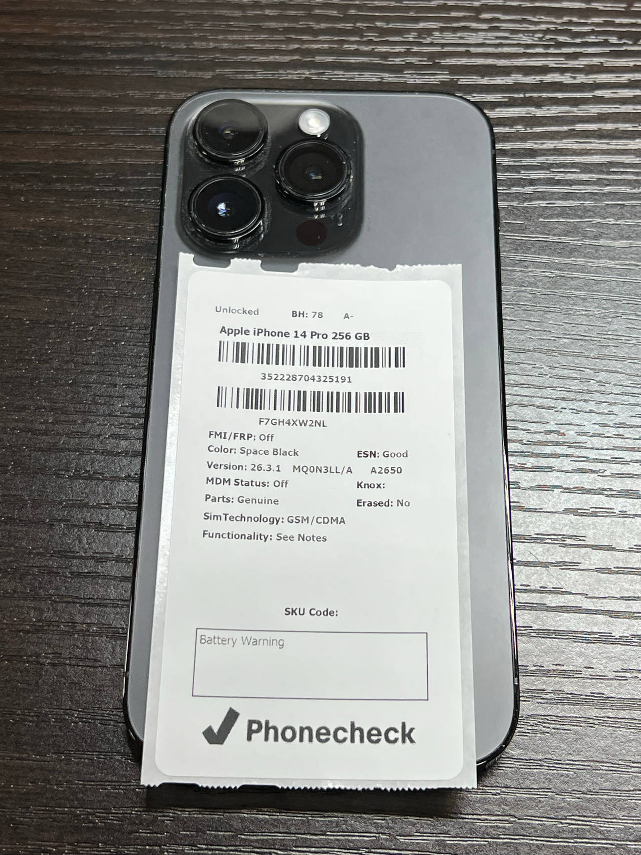 Apple iPhone 14 Pro 256GB Space Black unlocked BH 78% A-
