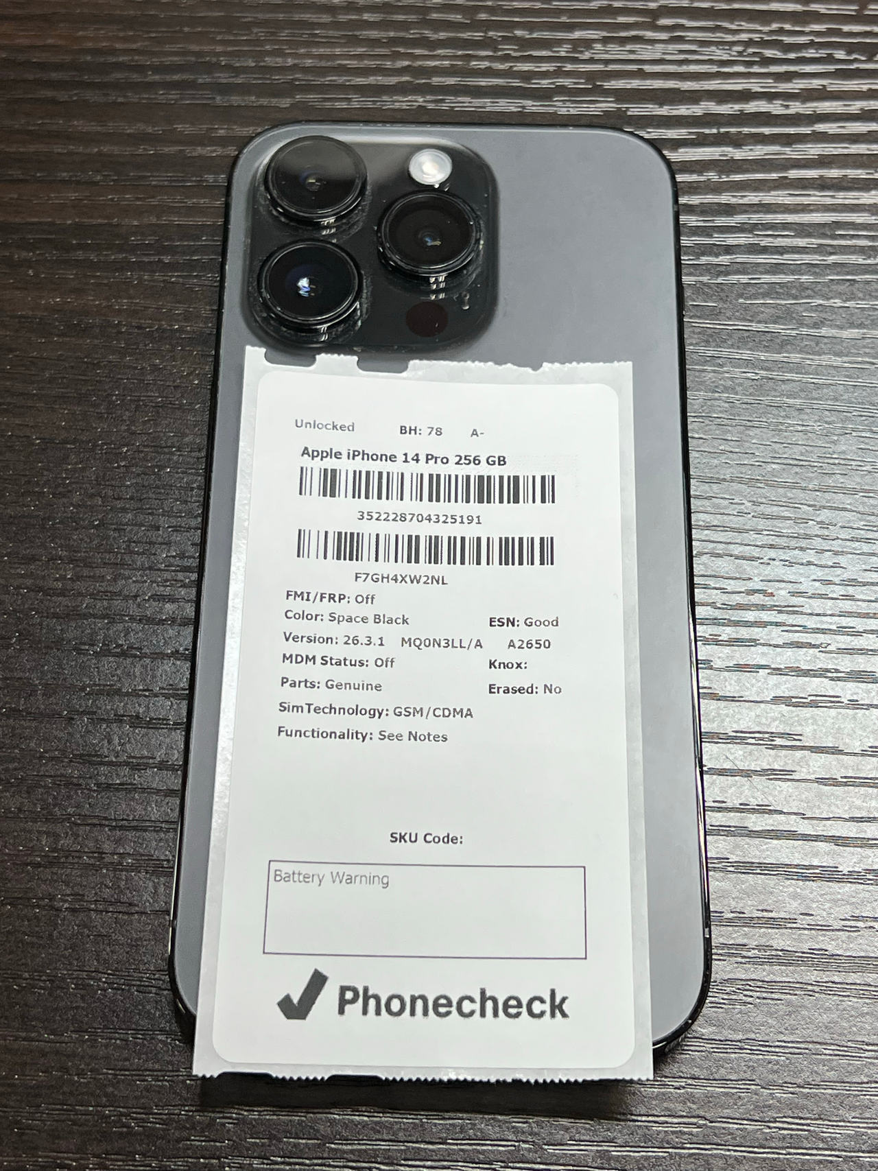 Apple iPhone 14 Pro 256GB Space Black unlocked BH 78% A-