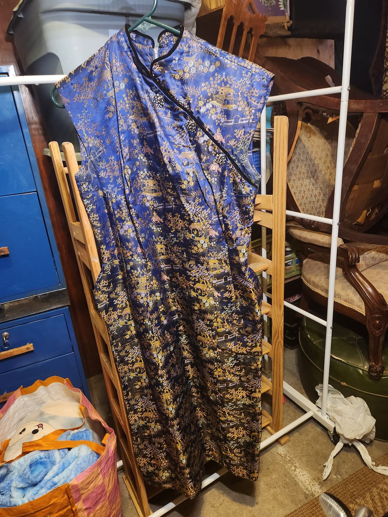 Blue Floral Satin Cheongsam Qipao Dress