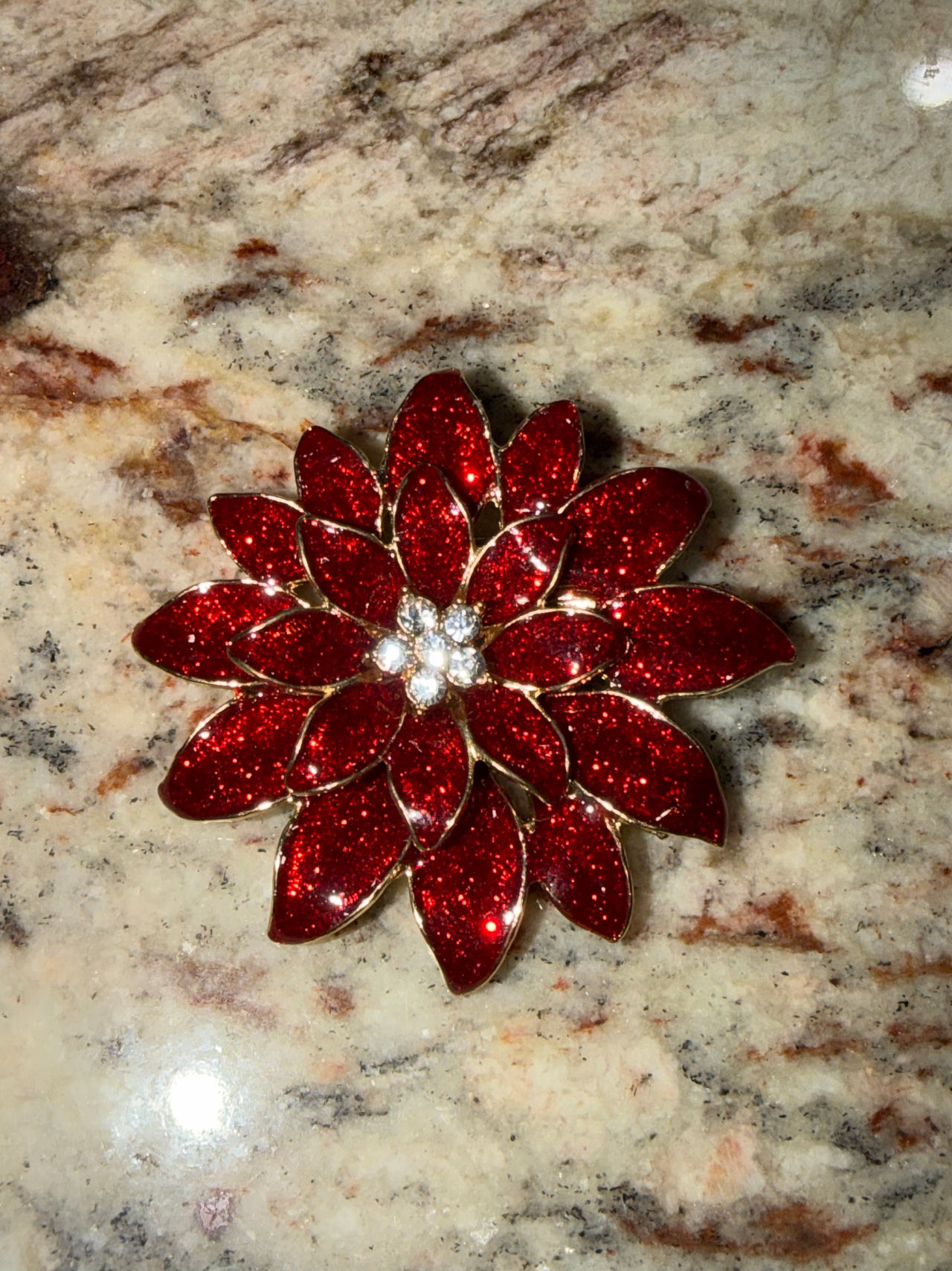 Red Enamel Glitter Poinsettia Christmas Brooch Pin