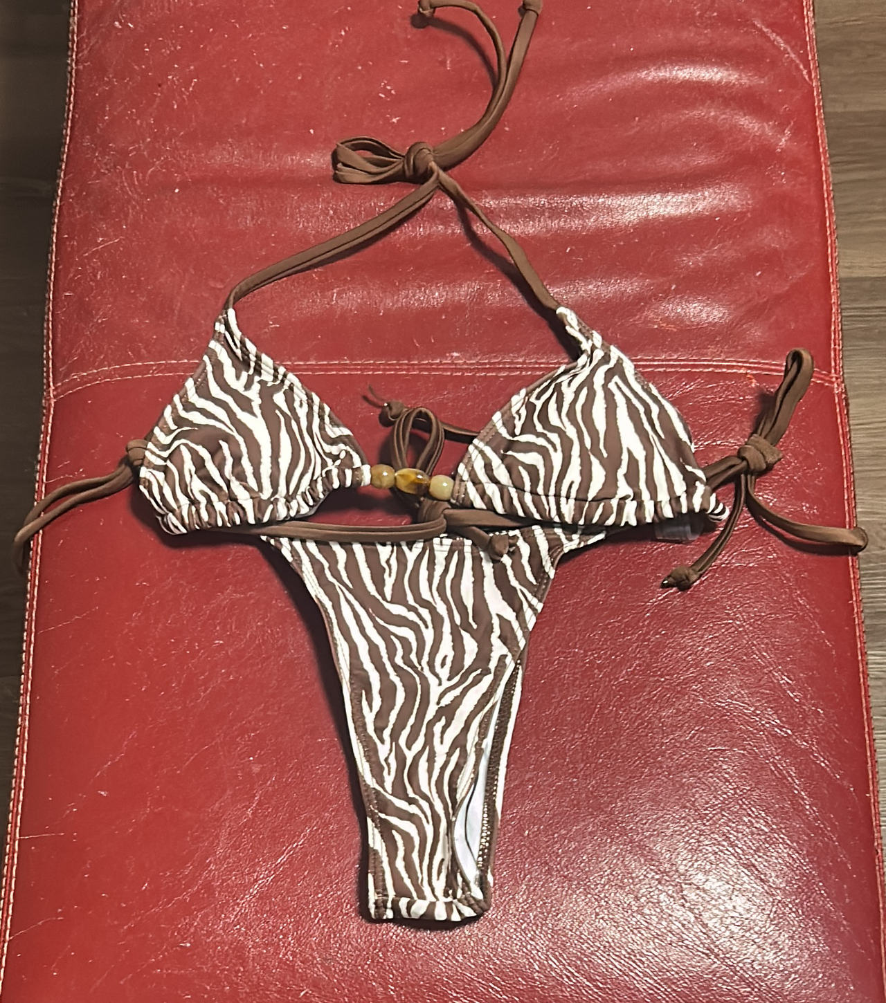 Zebra Print Triangle Bikini Set with Beaded Detail
