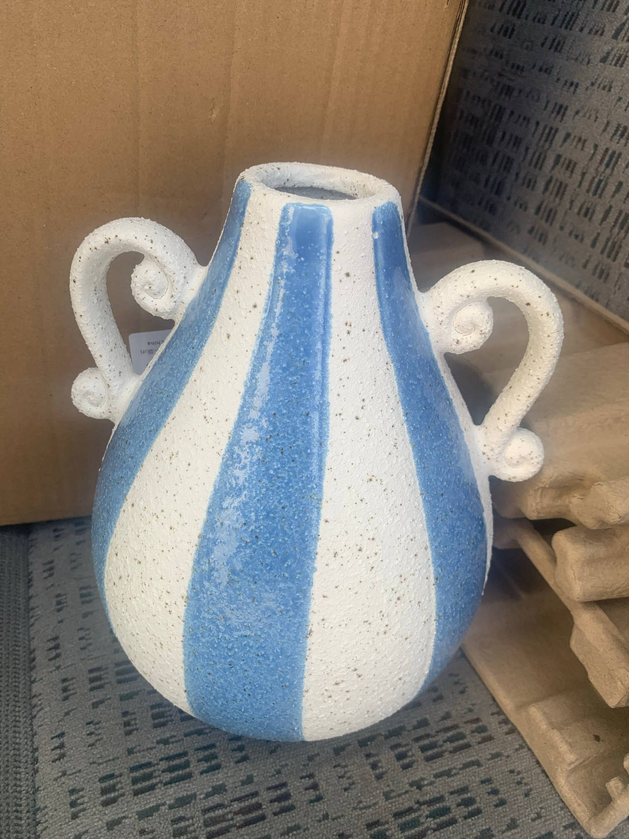 Blue and White Striped Ceramic Vase with Scroll Handles