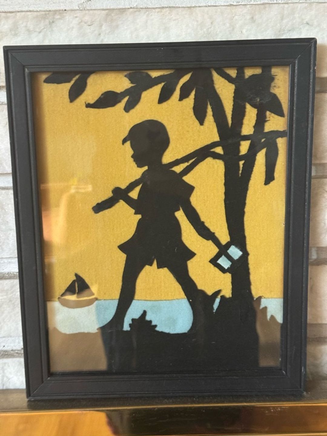 Vintage Hand-Cut Felt Silhouette Boy Fishing