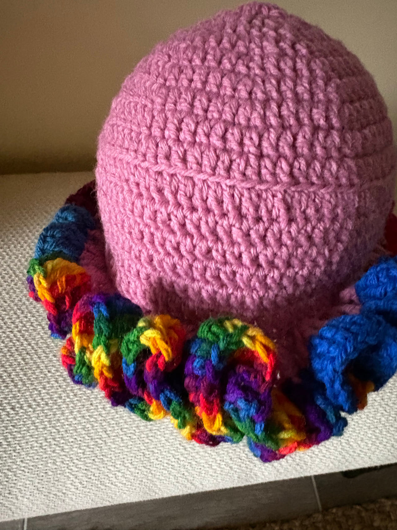 Handmade Pink Crochet Rainbow Ruffle Bucket Hat