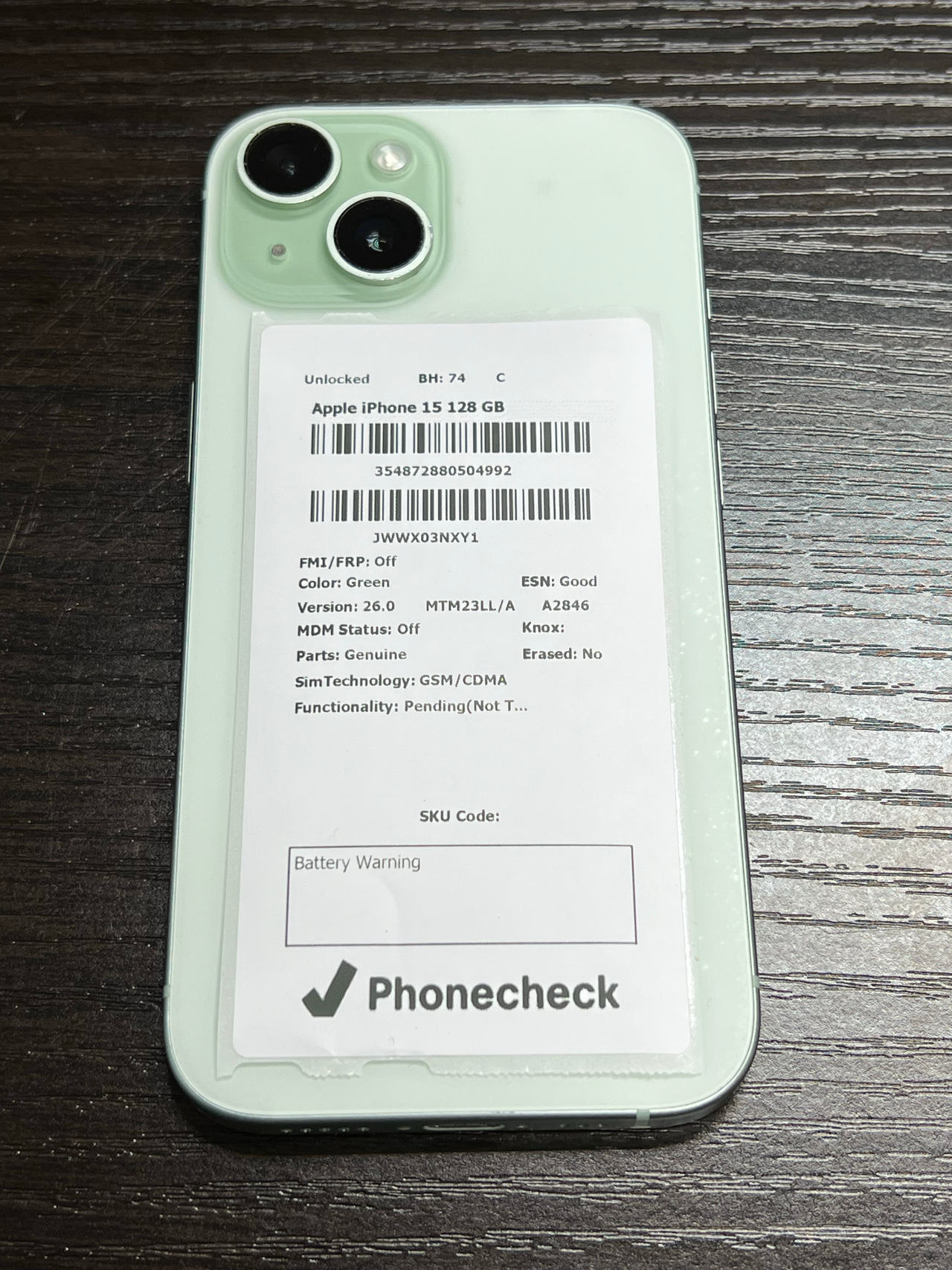 Apple iPhone 15 128GB Green Unlocked 74% battery health