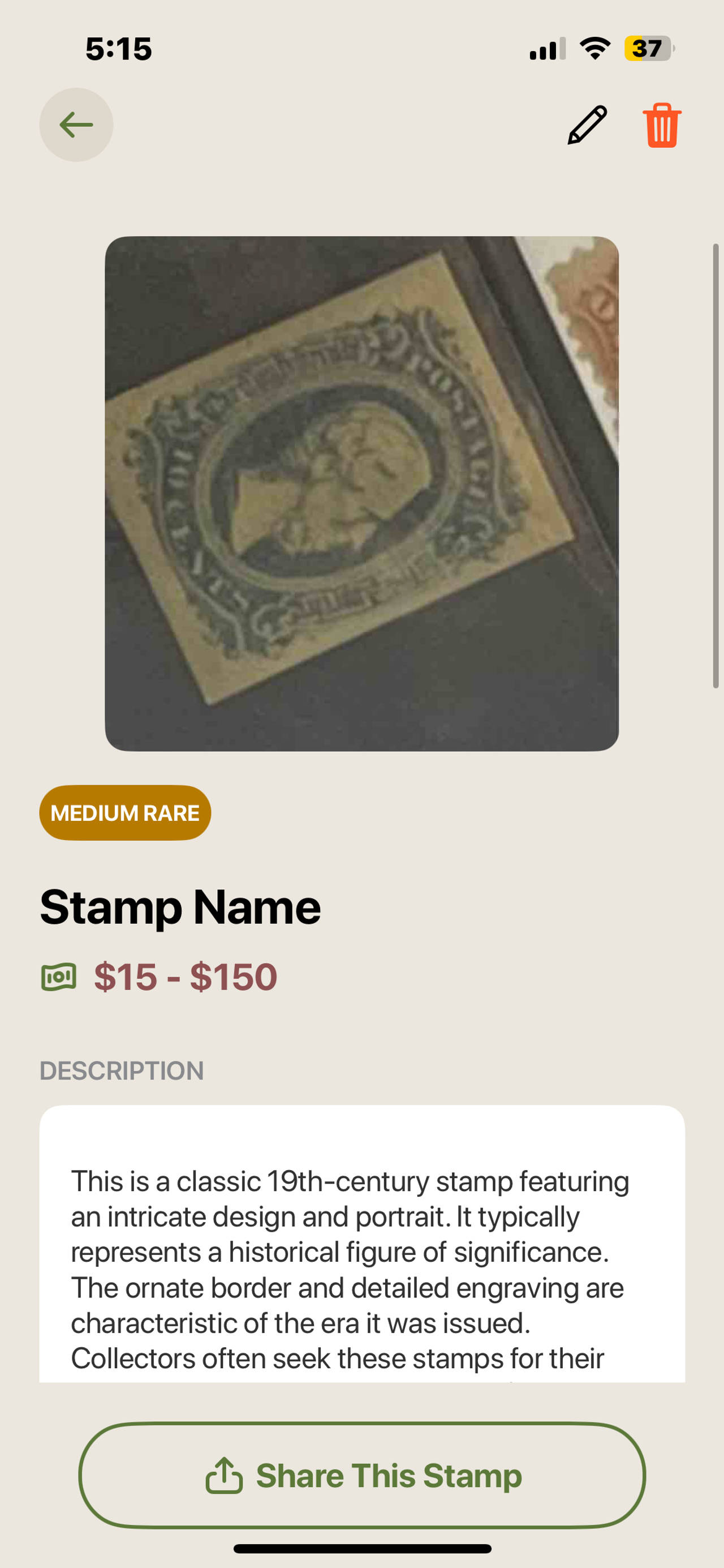 1861 10-Cent George Washington Stamp (Scott #68)