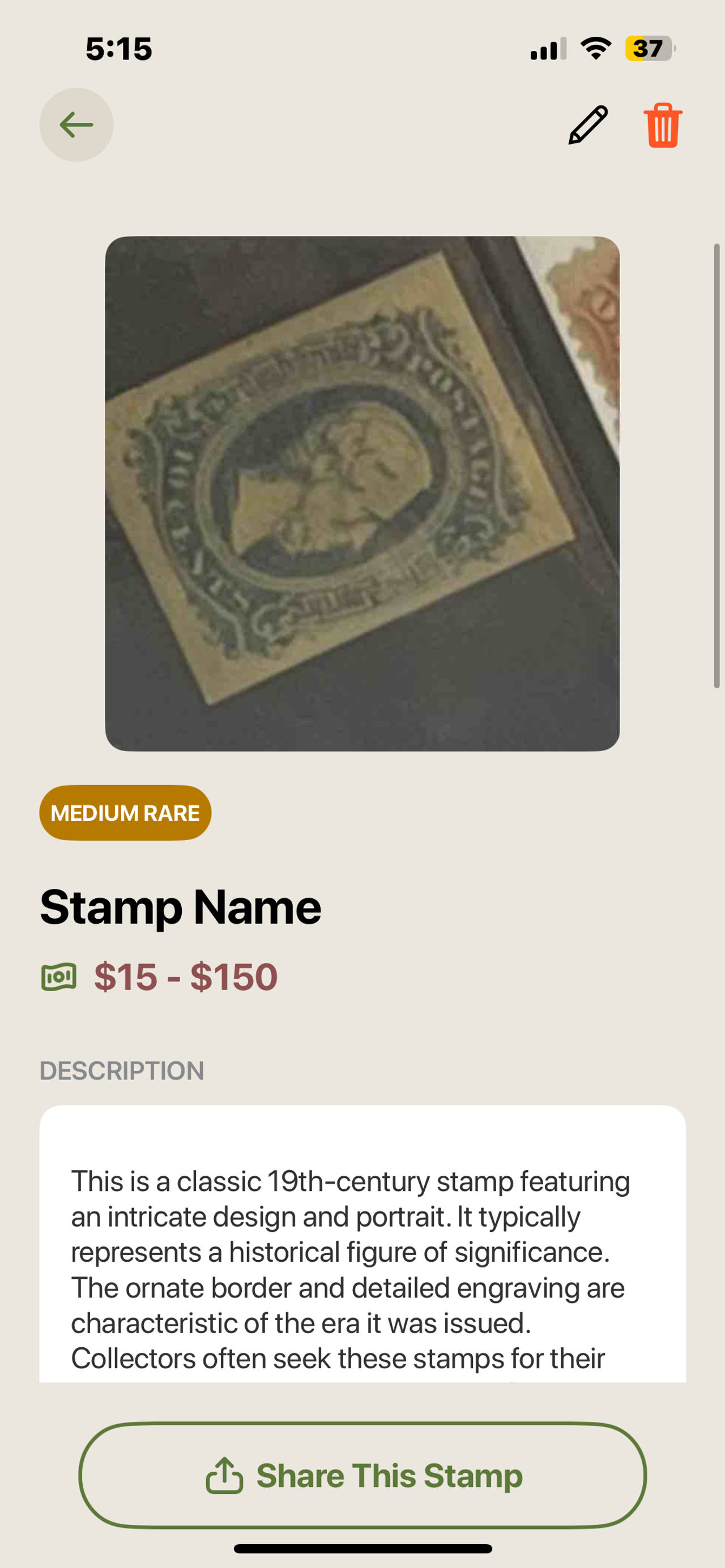 1861 10-Cent George Washington Stamp (Scott #68)