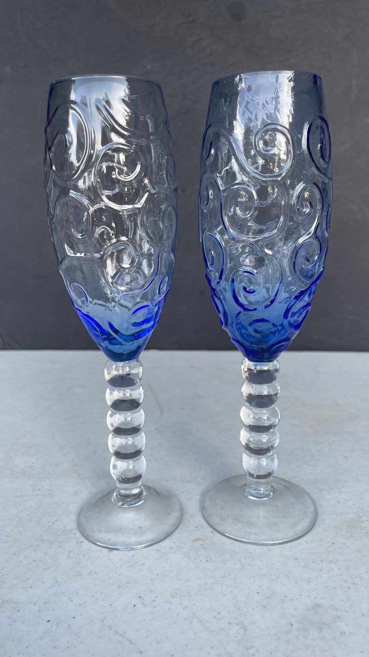 Blue Ombre Swirl Champagne Flutes with Beaded Stem