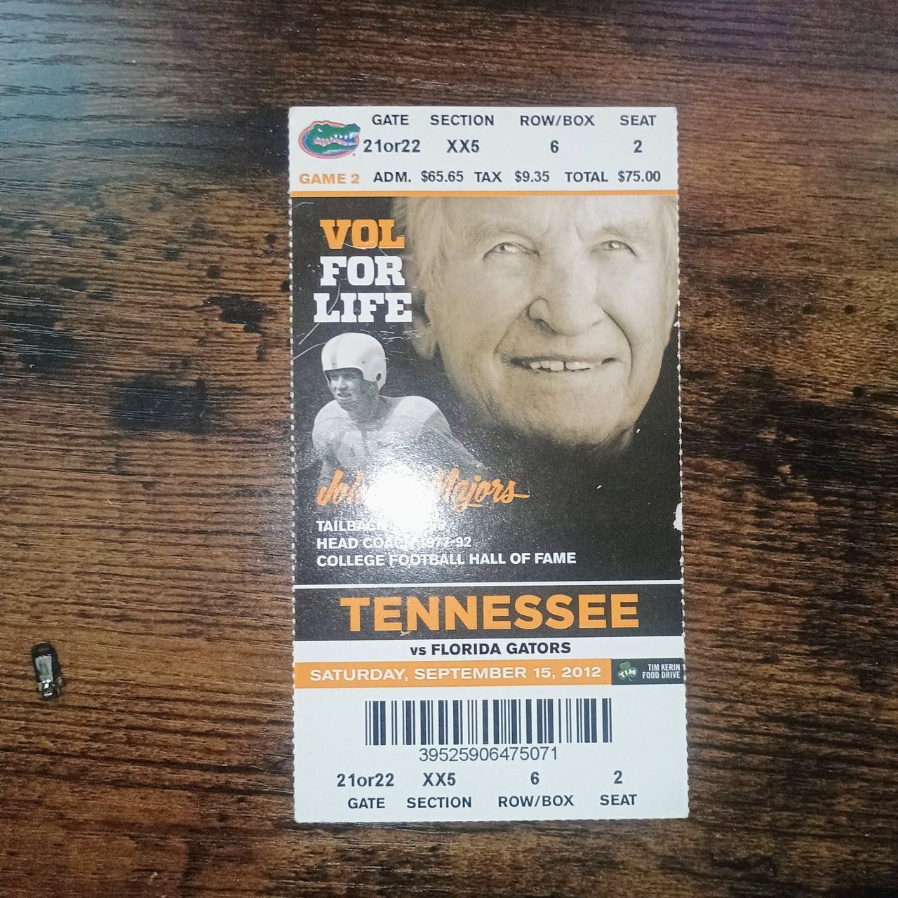 2012 Tennessee Volunteers vs. Florida Gators Football Ticket Stub