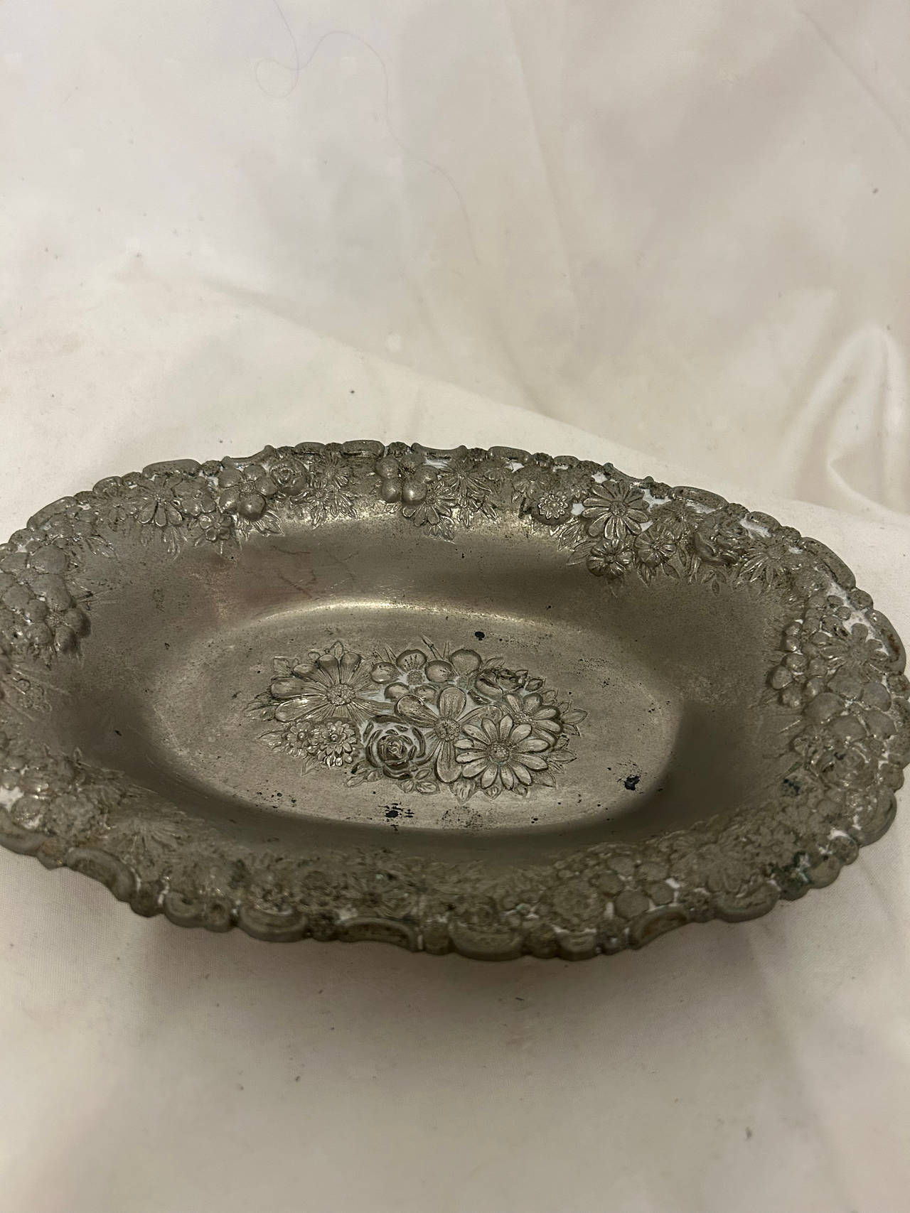 Vintage Floral Repousse Pewter Bowl