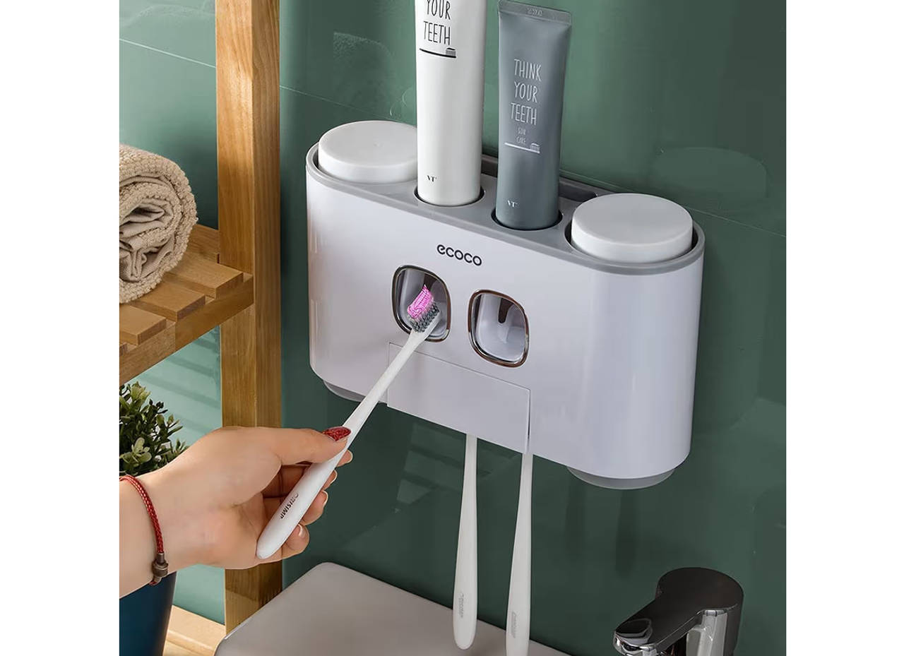 Toothbrush Holders with Toothpaste Dispenser Wall Mounted for Bathroom-4 Cups